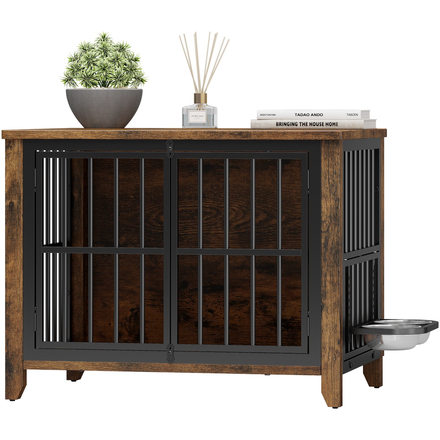 GIKPAL Dog Crate Furniture, Indoor Dog Kennel with 360°Adjustable Food Bowls, Medium Dog Crate with Dog Kennel Indoor, Brown, 31.4"L x 22.4"W x 25.5"H