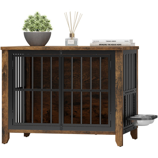 GIKPAL Dog Crate Furniture, Indoor Dog Kennel with 360°Adjustable Food Bowls, Medium Dog Crate with Dog Kennel Indoor, Brown, 31.4"L x 22.4"W x 25.5"H