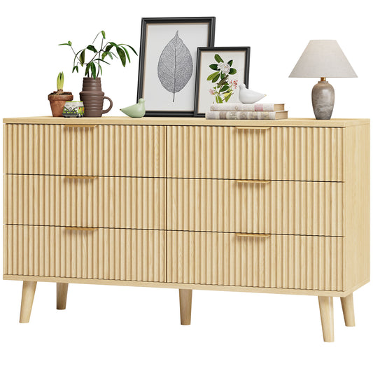 AOWOS 6 Drawer Dresser, Wooden Boho Fluted Dressers with Metal Handles, Chest of Drawers for Bedroom, Natural