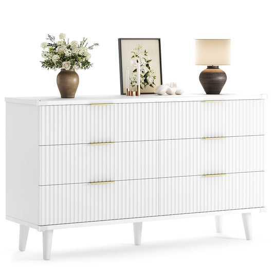 AOWOS Fluted 6 Drawers Dresser, Large Modern Chest of Drawers, Curved Profile Design, Dresser TV Stand, Drawer Organizer Cabinet for Living Room, Hallway, White