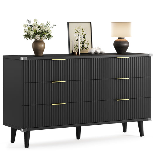 GIKPAL Black Dresser Fluted 6 Drawer Dresser, Large Boho Chest of Drawers Wood Storage Cabinet for Bedroom Living Room Hallway Entryway