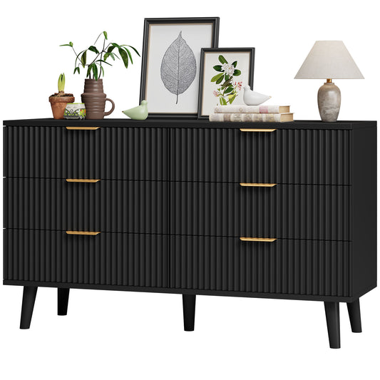 AOWOS 6 Drawer Dresser, Wooden Boho Fluted Dressers with Metal Handles, Chest of Drawers for Bedroom, Black