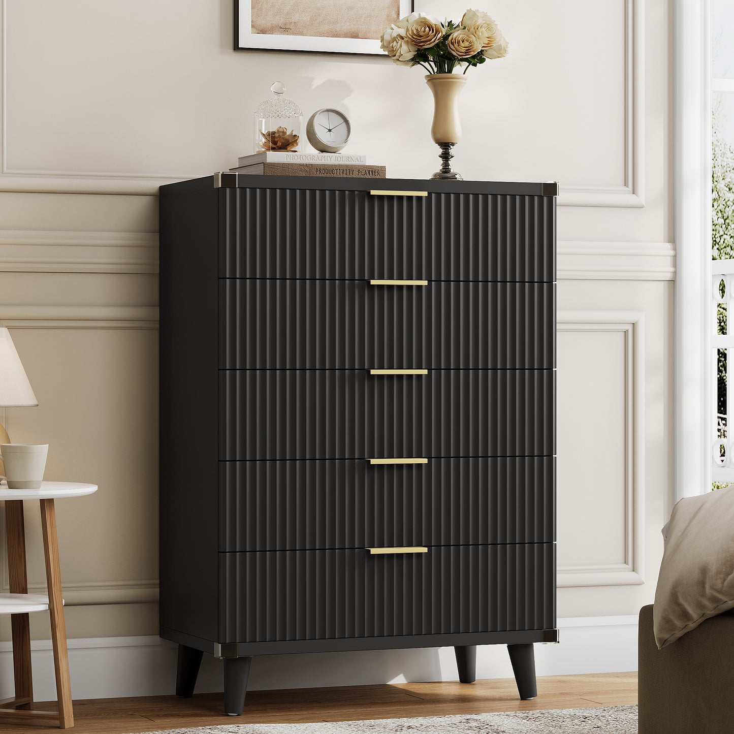 GIKPAL Fluted 5 Drawers Dresser, Modern Chest of Drawers Wood Storage Cabinet for Bedroom Living Room Hallway Entryway, Black