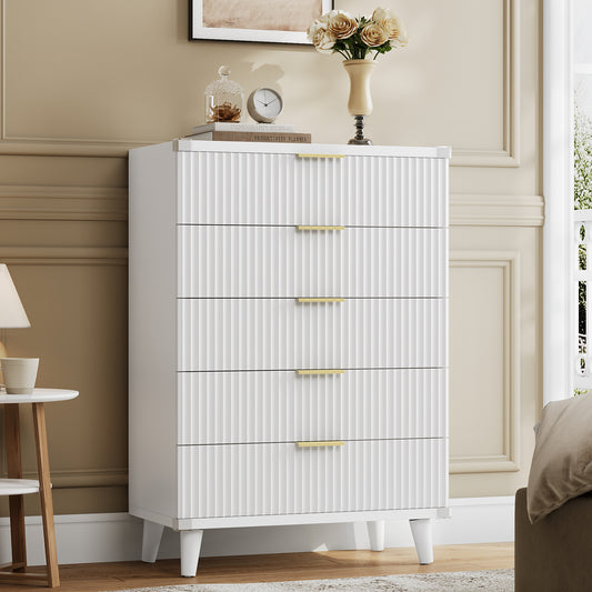 AOWOS Fluted 5 Drawers Dresser, Large Modern Chest of Drawers, Curved Profile Design, Drawer Organizer Cabinet for Living Room, Hallway, White
