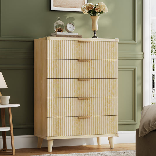 AOWOS Fluted 5 Drawers Dresser, Large Modern Chest of Drawers, Curved Profile Design, Drawer Organizer Cabinet for Living Room, Hallway, Natural