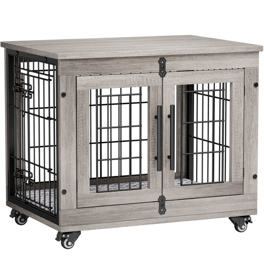 AOWOS 27-Inch Dog Crate with Pads, 2-Door Heavy-Duty Indoor Wooden Dog Cage on Wheels for Small to Medium Dogs up to 50 lbs,Gray