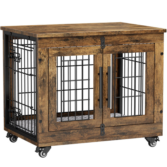 AOWOS 27-Inch Dog Crate with Pads, 2-Door Heavy-Duty Indoor Wooden Dog Cage on Wheels for Small to Medium Dogs up to 50 lbs,Brown