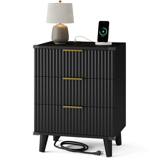 AOWOS 3 Drawer Nightstand, Mid Century Modern End Table with Charging Station & Fluted Panel, Bedside Table for Bedroom & Living Room, Black