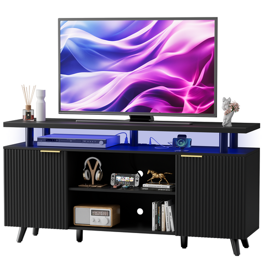 GIKPAL Fluted TV Stand for 65 inch TV with Charging Station, LED Entertainment Center with Adjustable Shelves ＆ Storage Cabinets for Living Room, Black