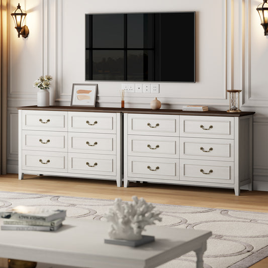 GIKPAL Farmhouse Dresser for Bedroom Set of 2, Vintage 6-Drawer White Dresser with Antique Handles, Rustic Storage Cabinet for Living Room, Entryway, and Hallway