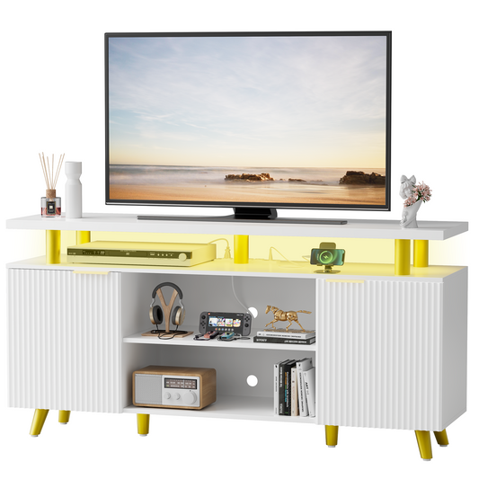 GIKPAL Fluted TV Stand for 65 inch TV with Charging Station, LED Entertainment Center with Adjustable Shelves ＆ Storage Cabinets for Living Room, White