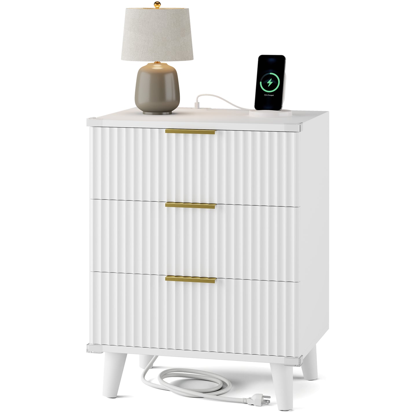 GIKPAL Fluted 3 Drawer Dresser, Small Dresser & End Table with Charging Station, White Dresser with Solid Wooden Legs for Bedroom, White
