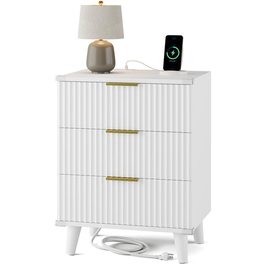 AOWOS 3 Drawer Nightstand, Mid Century Modern End Table with Charging Station & Fluted Panel, Bedside Table for Bedroom & Living Room, White