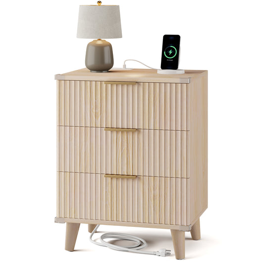 AOWOS 3 Drawer Nightstand, Mid Century Modern End Table with Charging Station & Fluted Panel, Bedside Table for Bedroom & Living Room, Natural