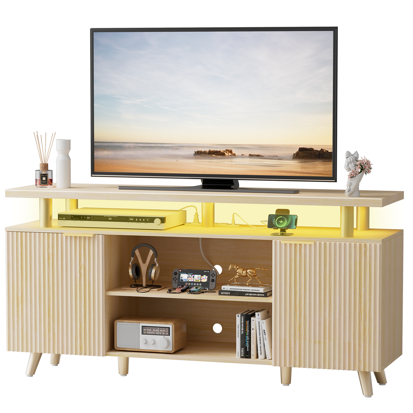 GIKPAL Fluted TV Stand for 65 inch TV with Charging Station, LED Entertainment Center with Adjustable Shelves ＆ Storage Cabinets for Living Room, Natural