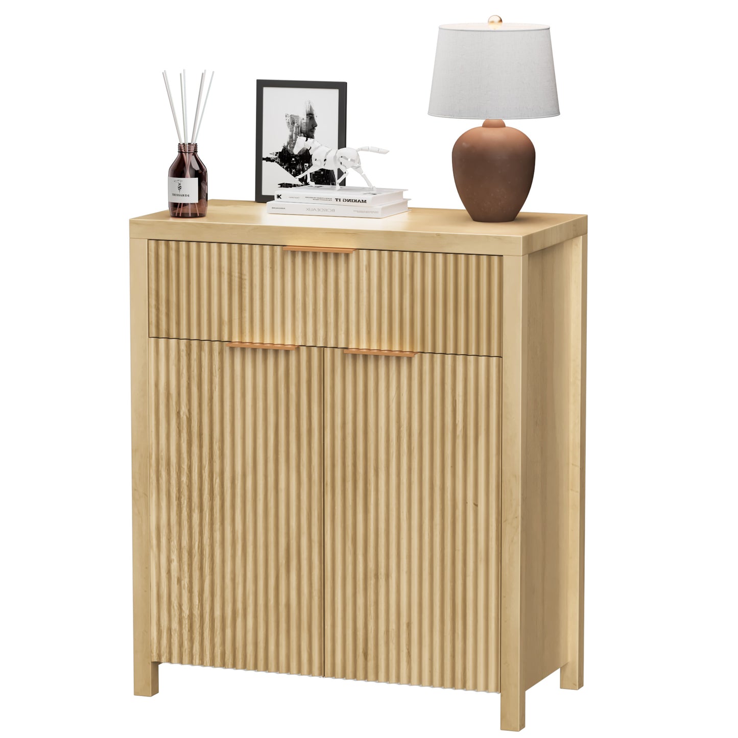 GIKPAL Storage Cabinet Accent, Sideboard Cabinet with Adjustable Shelves, Modern Fluted Kitchen Buffet Cabinet Set of 3 with Drawers and Doors, Natural Oak