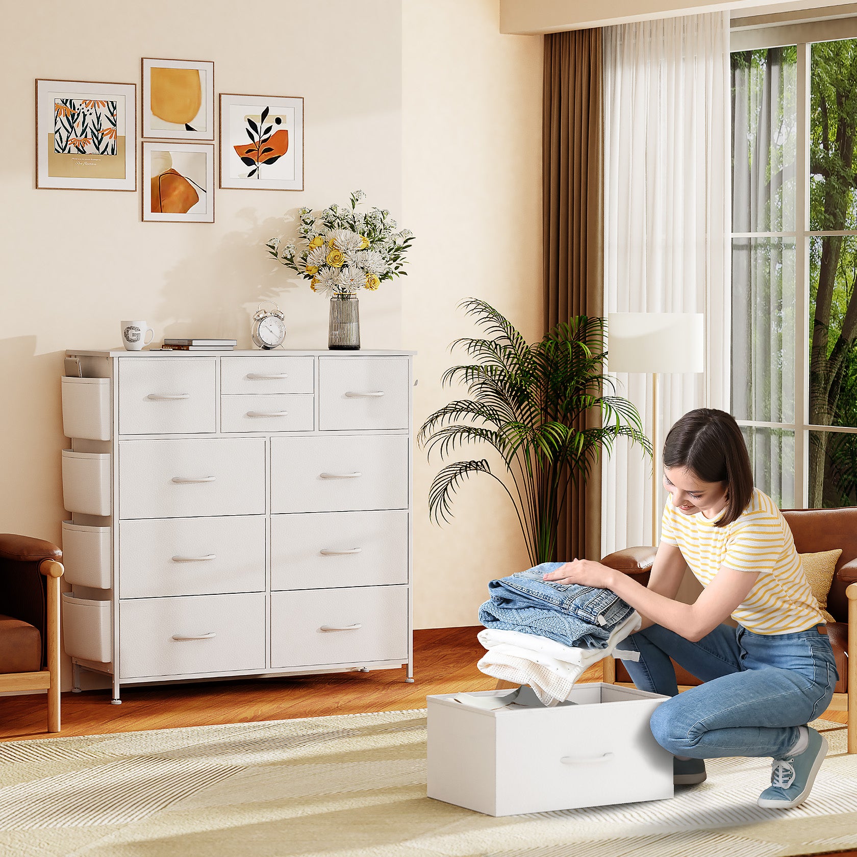 YaFiti 10 Drawer Dresser, Chest of Drawers for Bedroom, PU Dresser with Side Pockets, Hooks, Wooden Top and Sturdy Metal Frame for Living Room,