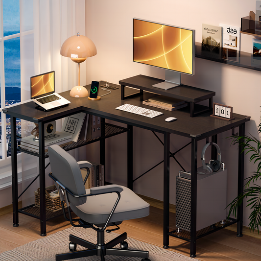 Aowos Computer Desk 47" Gaming Desk Home Office Desk with LED Lights and Power Outlet, Small Writing Desk with Monitor Stand, Modern Design Corner Table, Black