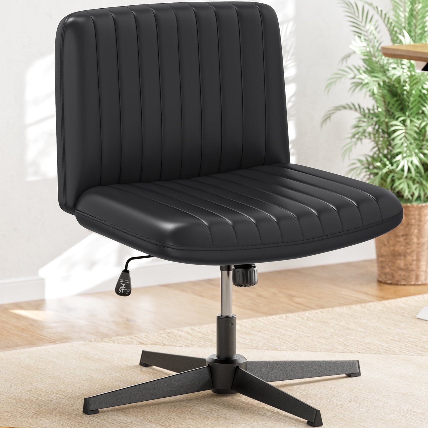 YaFiti Armless Office Desk Chair No Wheels Modern Swivel Vanity Chair, Height Adjustable Wide Padded Seat PU Leather Material Computer Task Chair for Home Office Black