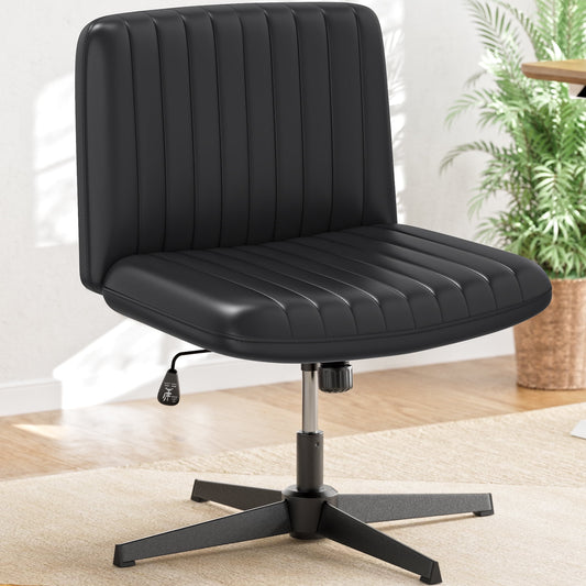 YaFiti Armless Office Desk Chair No Wheels Modern Swivel Vanity Chair, Height Adjustable Wide Padded Seat PU Leather Material Computer Task Chair for Home Office Black