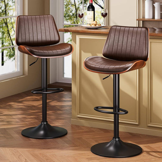 YaFiti Bar Chair Set of 2 Bar Stools Upholstered PU Leather Lift Swivel Barstools Height Adjust Counter Chair with Bentwood Back Metal Base for Dining Room Kitchen Club Brown