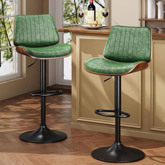 YaFiti Bar Chair Set of 2 Bar Stools Upholstered PU Leather Lift Swivel Barstools Height Adjust Counter Chair with Bentwood Back Metal Base for Dining Room Kitchen Club Green