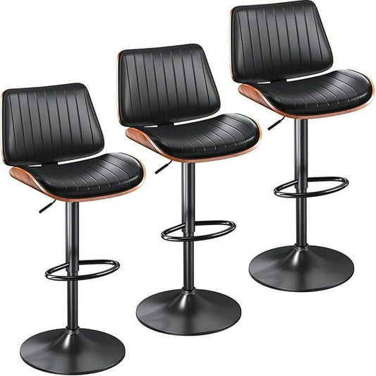 YaFiti Bar Chair Set of 3 Bar Stools Upholstered PU Leather Lift Swivel Barstools Height Adjust Counter Chair with Bentwood Back Metal Base for Dining Room Kitchen Club Black