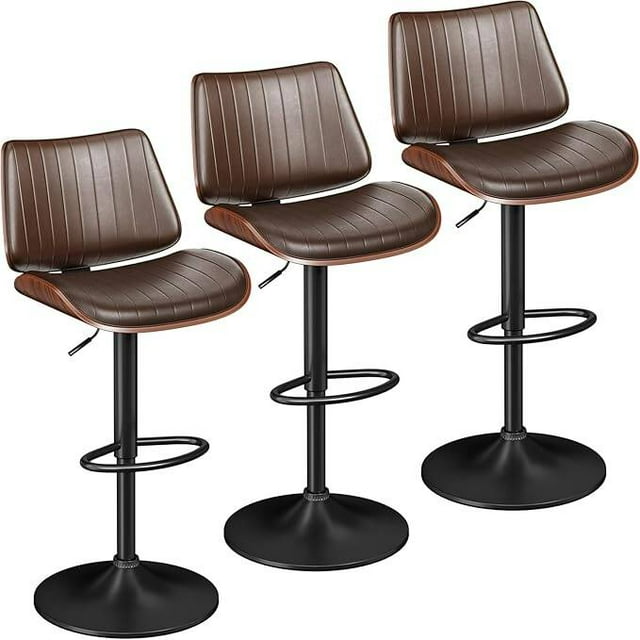 YaFiti Bar Chair Set of 3 Bar Stools Upholstered PU Leather Lift Swivel Barstools Height Adjust Counter Chair with Bentwood Back Metal Base for Dining Room Kitchen Club Brown