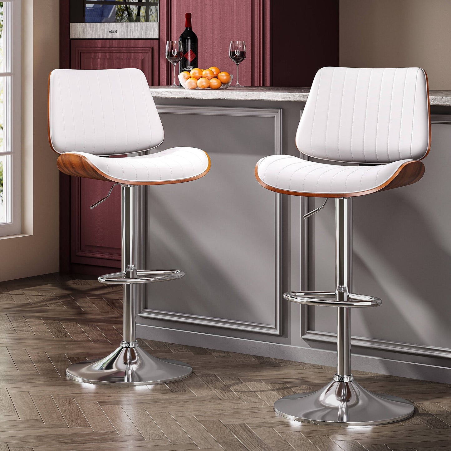 YaFiti Bar Chair Set of 2 Bar Stools Upholstered PU Leather Lift Swivel Barstools Height Adjust Counter Chair with Bentwood Back Metal Base for Dining Room Kitchen Club White