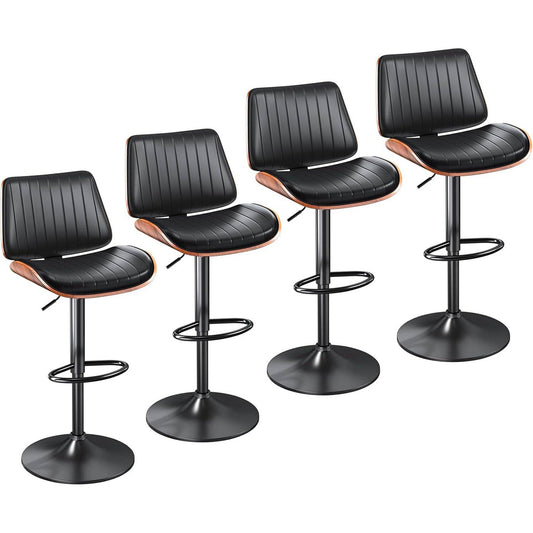 YaFiti Bar Chair Set of 4 Bar Stools Upholstered PU Leather Lift Swivel Barstools Height Adjust Counter Chair with Bentwood Back Metal Base for Dining Room Kitchen Club Black