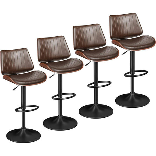 YaFiti Bar Chair Set of 4 Bar Stools Upholstered PU Leather Lift Swivel Barstools Height Adjust Counter Chair with Bentwood Back Metal Base for Dining Room Kitchen Club Brown