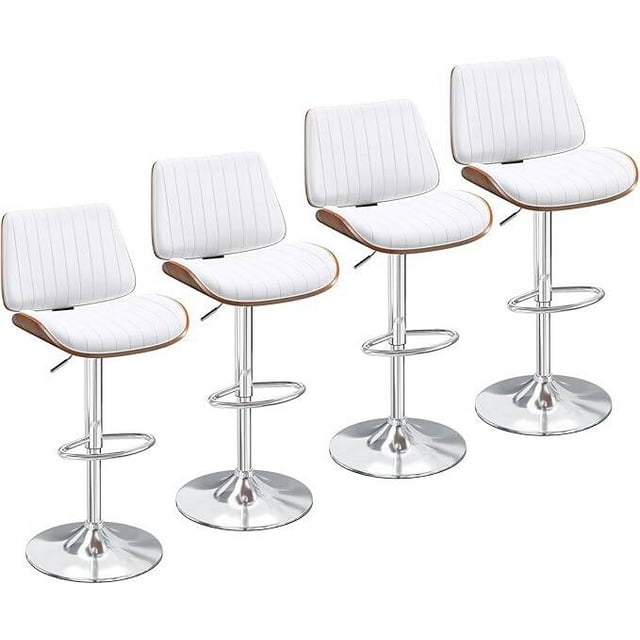 YaFiti Bar Chair Set of 4 Bar Stools Upholstered PU Leather Lift Swivel Barstools Height Adjust Counter Chair with Bentwood Back Metal Base for Dining Room Kitchen Club White