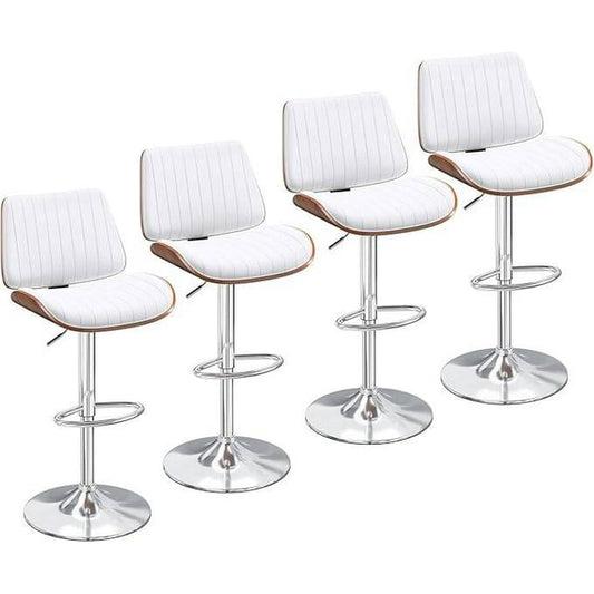 YaFiti Bar Chair Set of 4 Bar Stools Upholstered PU Leather Lift Swivel Barstools Height Adjust Counter Chair with Bentwood Back Metal Base for Dining Room Kitchen Club White