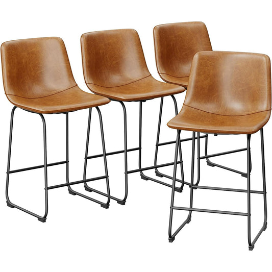 YaFiti Barstools 26'' PU Leather Counter Height Bar Stools Set of 4 with Back Modern Armless Chairs with Footrest and Metal Legs for Kitchen Living Room Pub, Brown