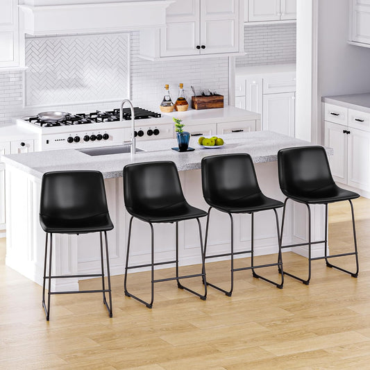 YaFiti Barstools 26'' PU Leather Counter Height Bar Stools Set of 6 with Back Modern Armless Chairs with Footrest and Metal Legs for Kitchen Living Room Pub, Black
