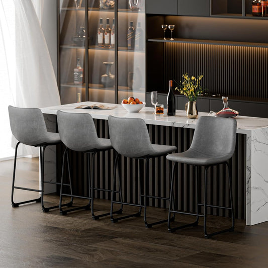 YaFiti Barstools 26'' PU Leather Counter Height Bar Stools Set of 6 with Back Modern Armless Chairs with Footrest and Metal Legs for Kitchen Living Room Pub, Grey