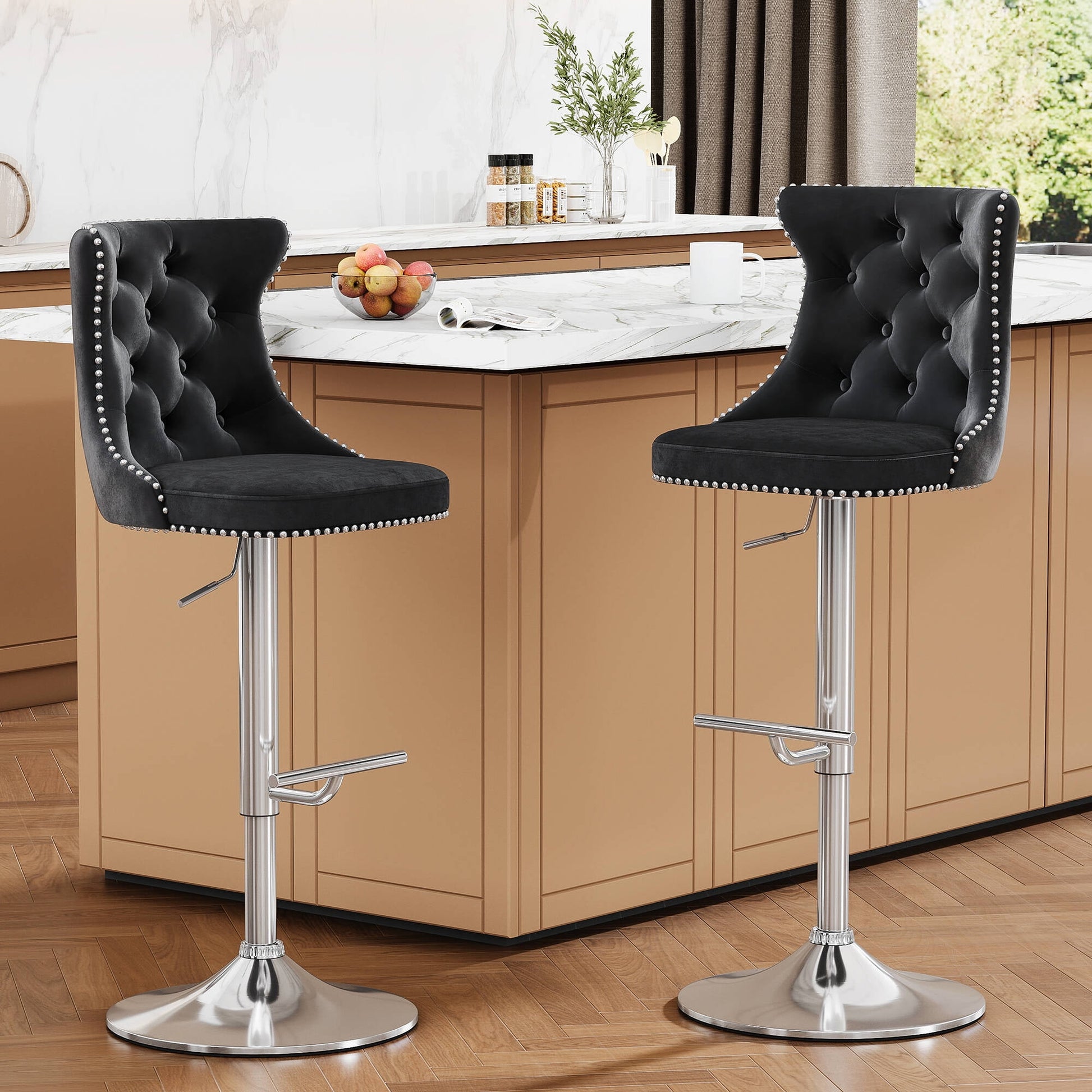YaFiti Counter Height Bar Stools Set of 2, Velvet Upholstered Adjustable Bar Chairs for Home Kitchen Island, Black-Silver