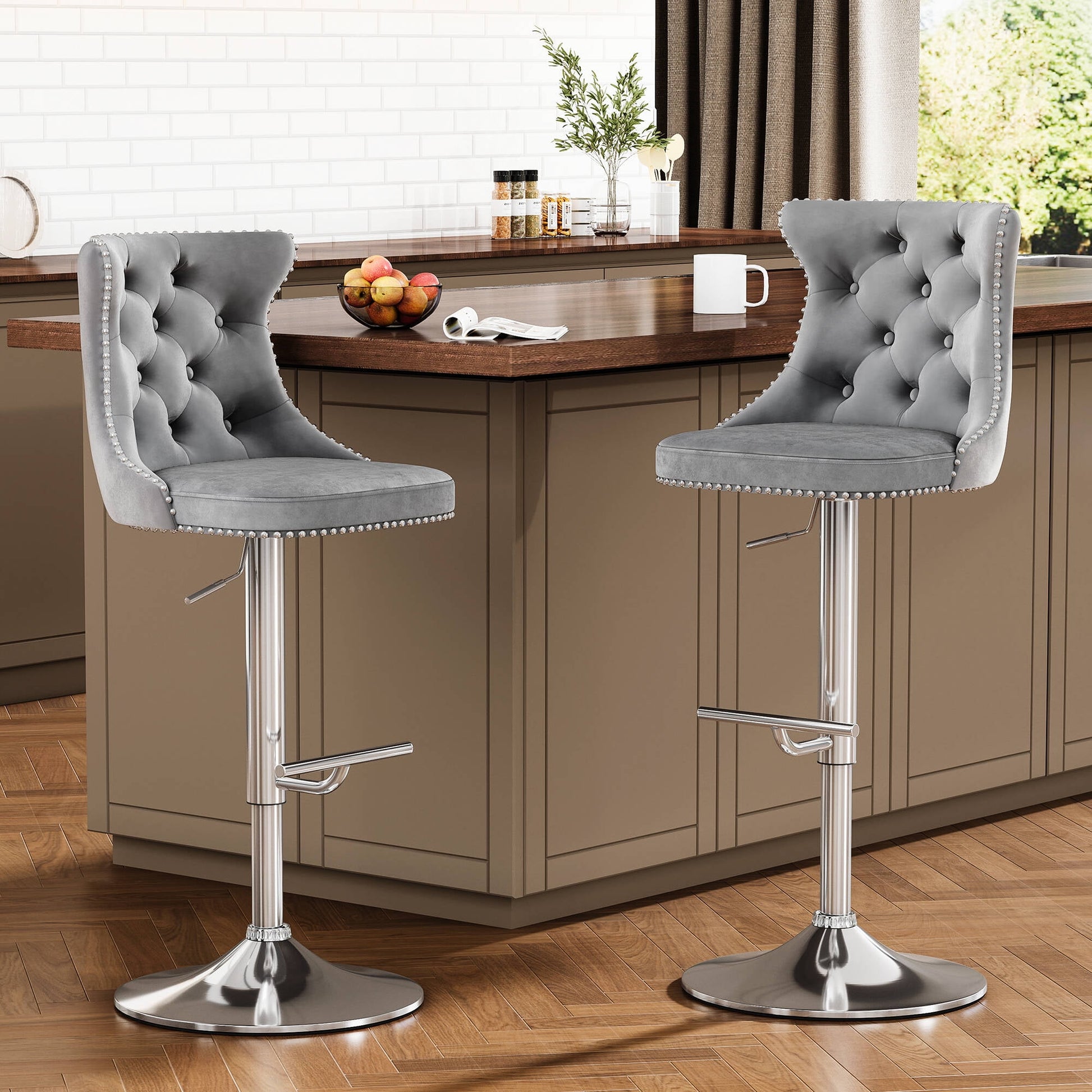 YaFiti Counter Height Bar Stools Set of 2, Velvet Upholstered Adjustable Bar Chairs for Home Kitchen Island, Grey-Silver