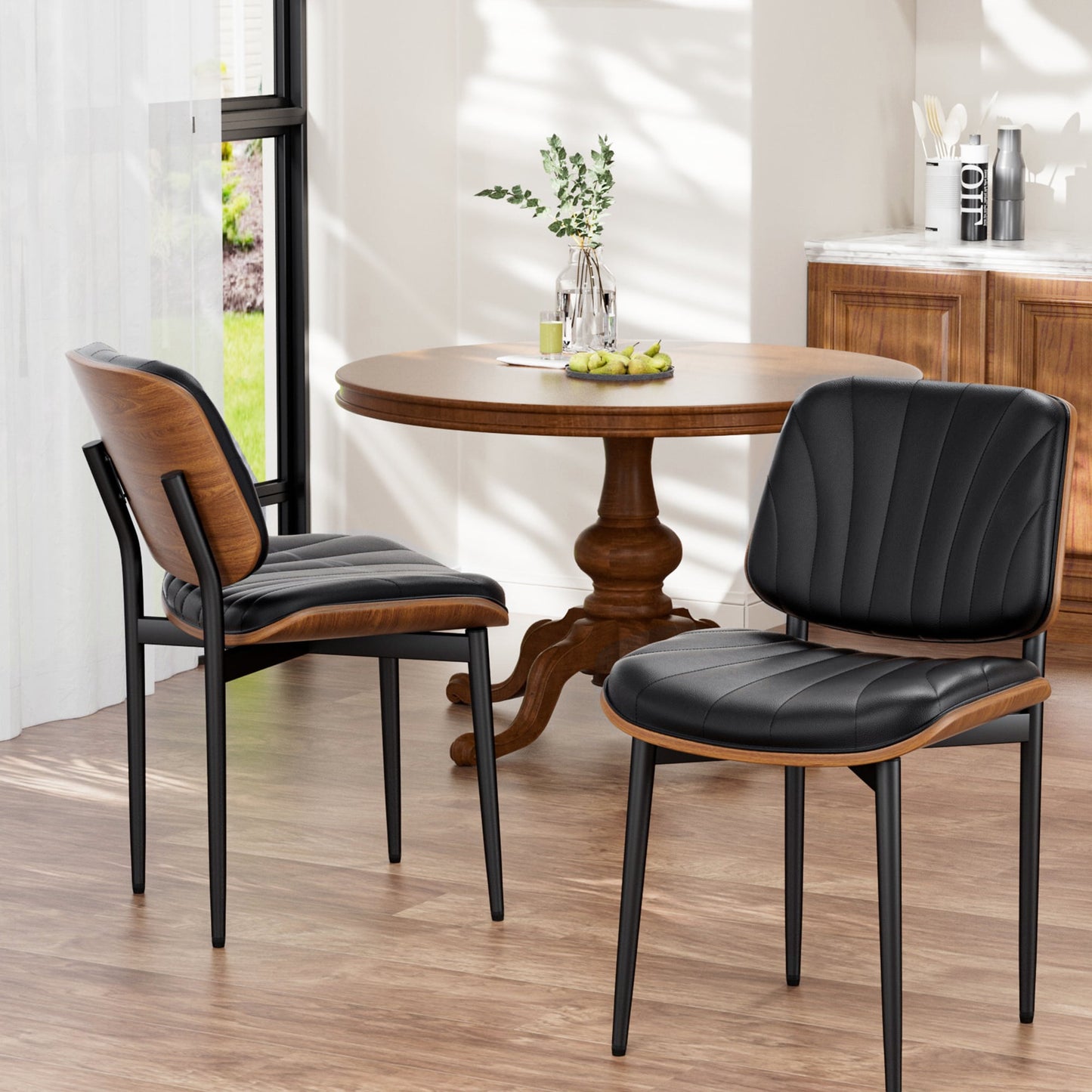 YaFiti Dining Chairs Set of 2 Mid-Century Modern Kitchen & Dining Room Chairs PU Faux Leather Walnut Back Living Room Side Chairs, Black