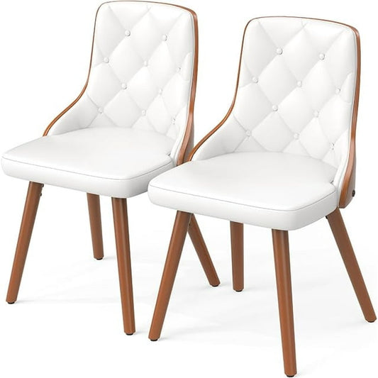 YaFiti Dining Chairs Set of 2 PU Leather Upholstered Kitchen Chairs with Walnut Wood Legs for Dining Room, White