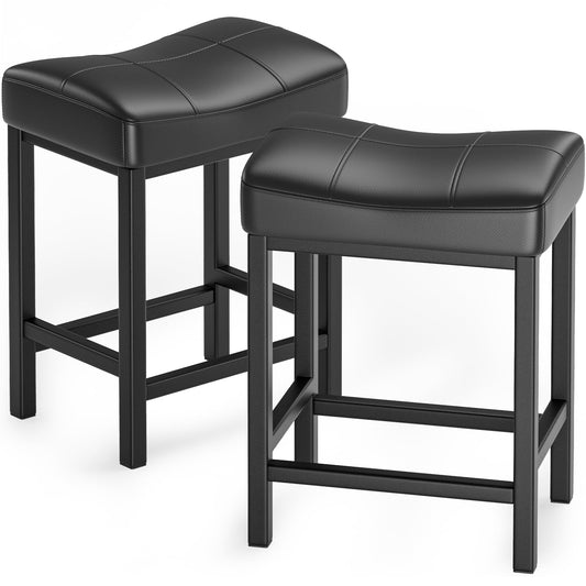 YaFiti Pub-Height Counter Bar Stools 24" Set of 2 PU Leather Accent Stool with Metal Base, Black