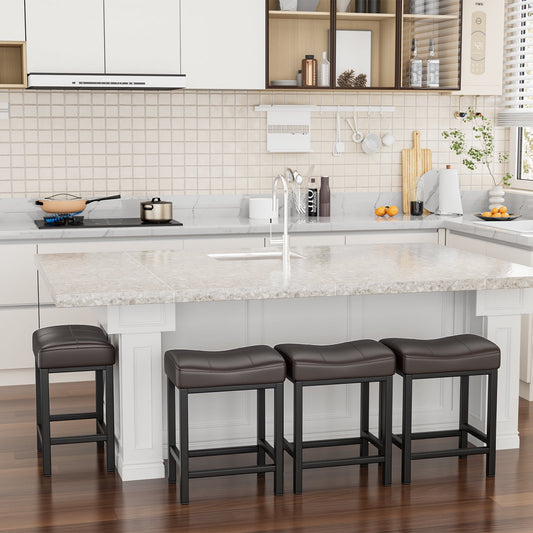 YaFiti Pub-Height Counter Bar Stools 24" Set of 4 PU Leather Accent Stool with Metal Base, Brown