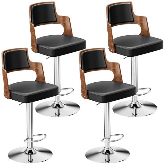 YaFiti Walnut Bentwood Bar Stools Set of 4 Counter Height Bar Stool for Kitchen Island Mid-Century Modern Adjustable Swivel Barstools with PU Leather, Black