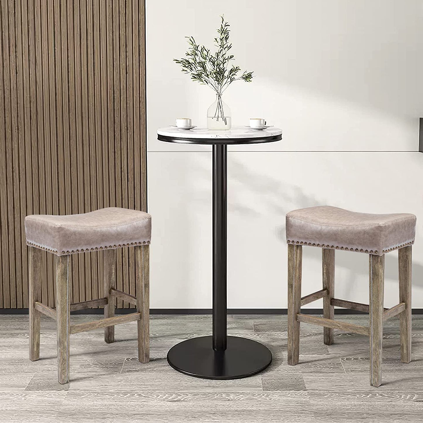 YaFiti 26" PU Leather Bar Stools Set of 2 with Solid Wood Legs Grey