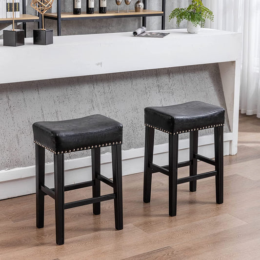 YaFiti 26" PU Leather Bar Stools Set of 2 with Solid Wood Legs Black