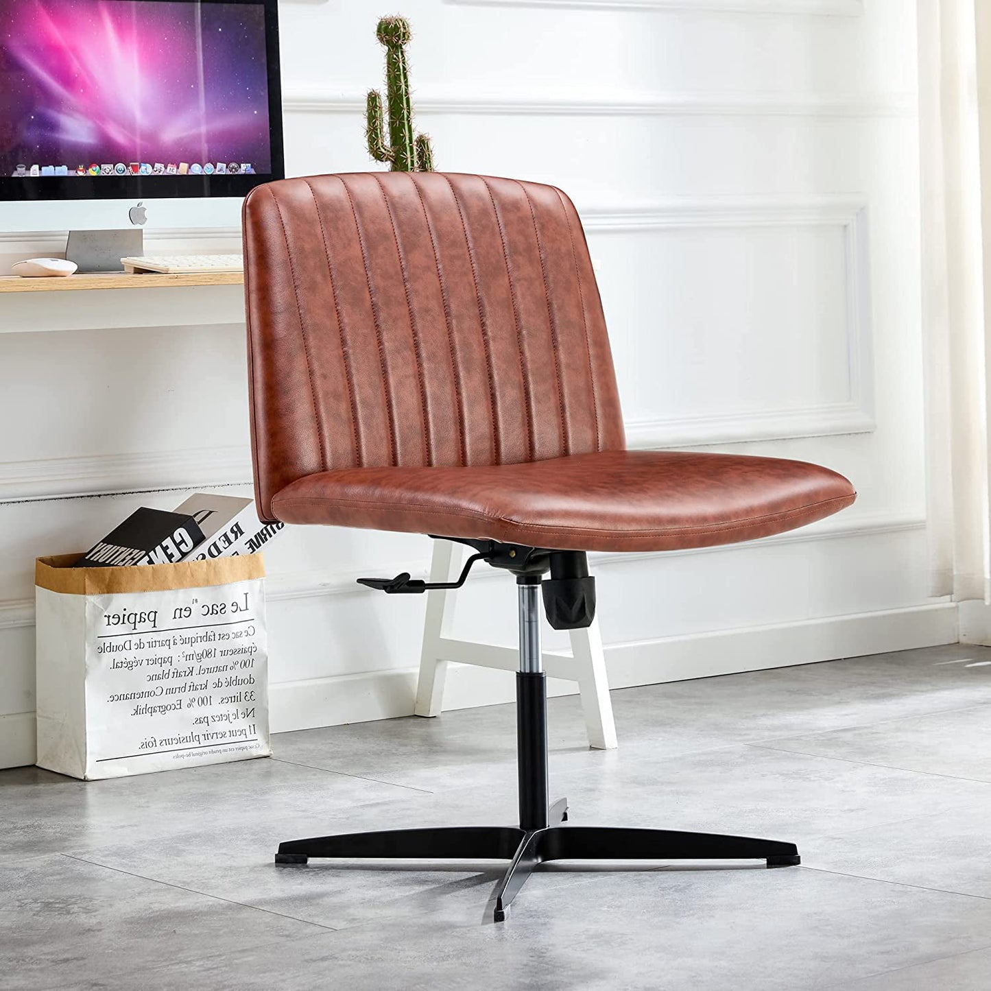 YaFiti Armless Office Desk Chair No Wheels Modern Swivel Vanity Chair, Brown