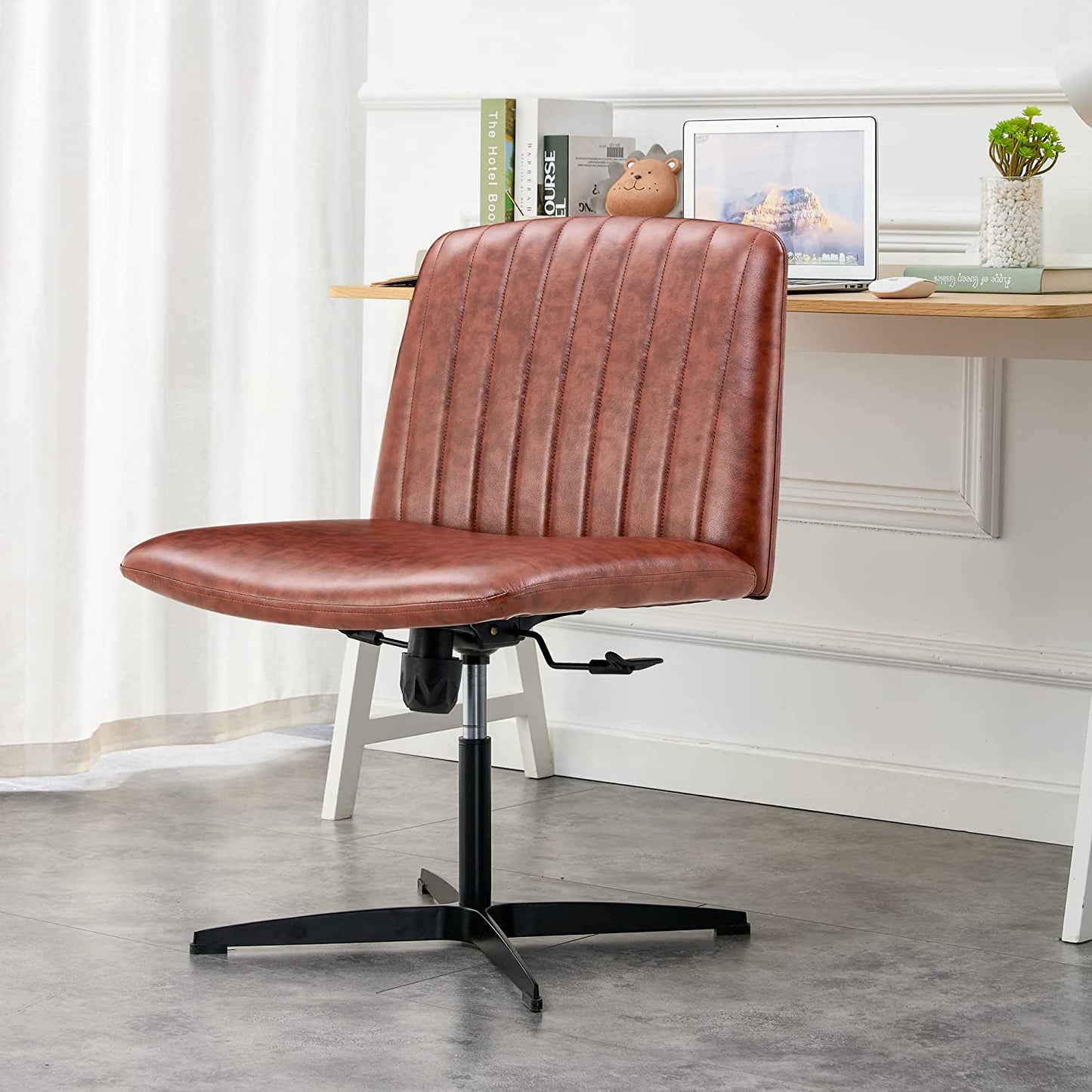 YaFiti Armless Office Desk Chair No Wheels Modern Swivel Vanity Chair, Brown