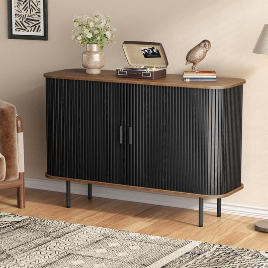 GIKPAL Buffet Cabinet with Storage, Storage Cabinet, Console Table Credenza with Tambour Slatted Sliding Doors, TV Stand for Living Room, Kitchen, Black