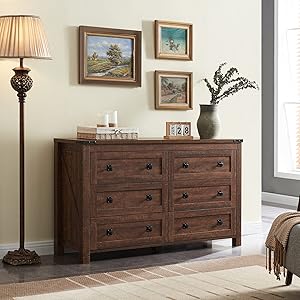 AOWOS 6 Drawers Dresser for Bedroom, Wood Bedroom Dresser Farmhouse Drawer Chest, Tall Dresser for Closet, Dressers Organizer for Living Room, Closet, Hallway, Brown