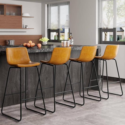 GIKPAL Bar Stools 30" Faux Leather Counter Height Barstools with Back Set of 6, Modern Counter Stools with Metal Legs and Footrest, Armless Chairs with Back for Kitchen Living Room Pub, Whiskey Brown